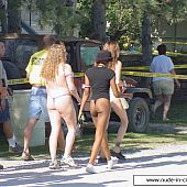 Daring public nudity at porn casting.
